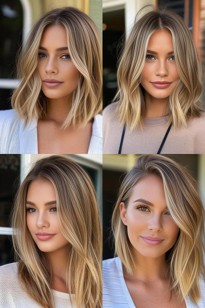 Sun Kissed Bronde Lob with Honey Blonde Face Framing Highlights