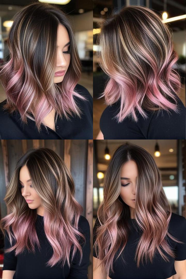 Bronde Rose Balayage Dark Brown Hair with Blush Accents