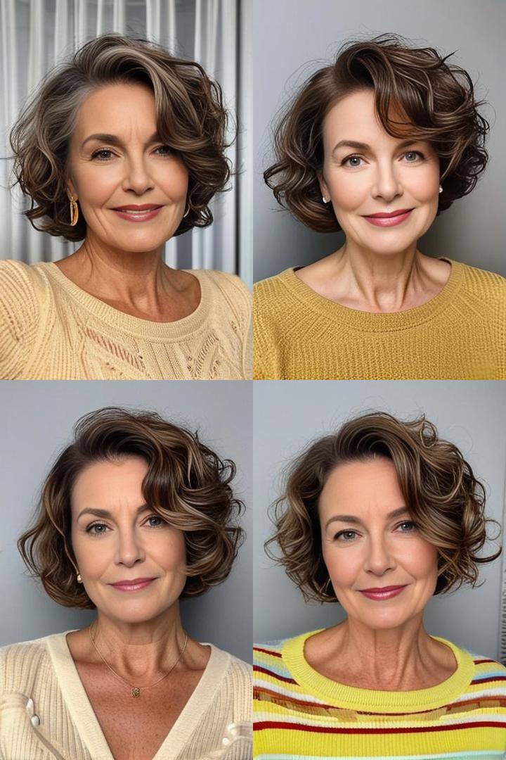 Brunette Short Voluminous Curly Bob Hairstyle for Older Women