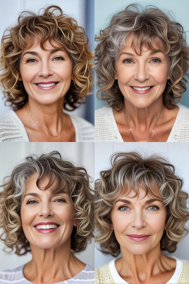 Cropped Curly Layers with Playful Bangs for Older Women