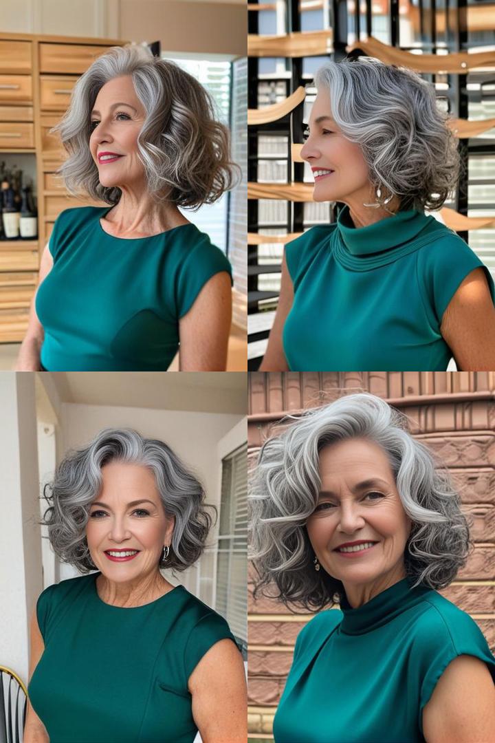 Luscious Gray Wavy Bob Hairstyle for Mature Women