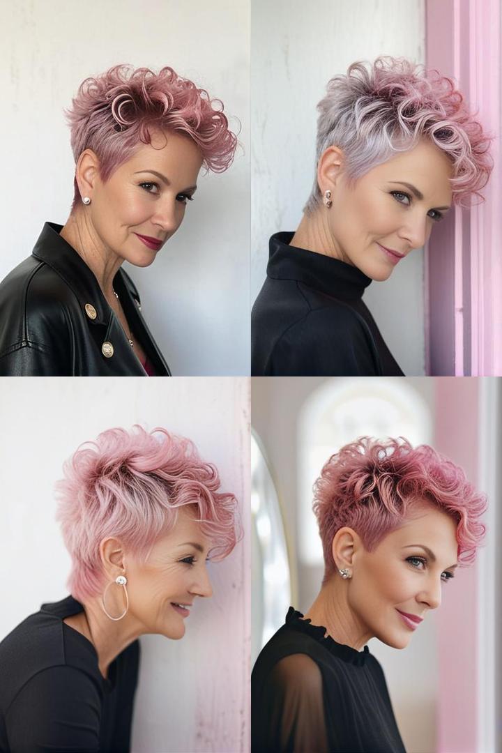 Pink Curly Pixie Hairstyle for Older Women