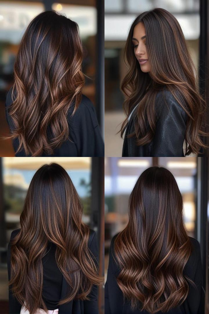 Caramel Brown Highlights On Long Dark Hair