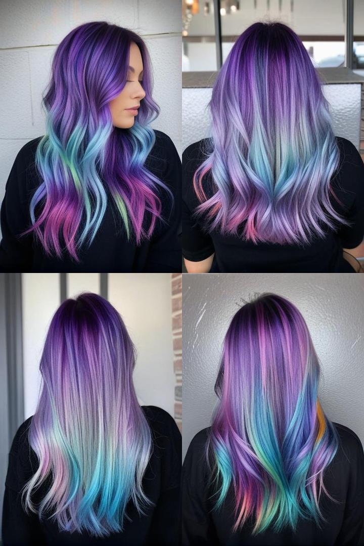 Purple Hair With Rainbow Pastel Highlights