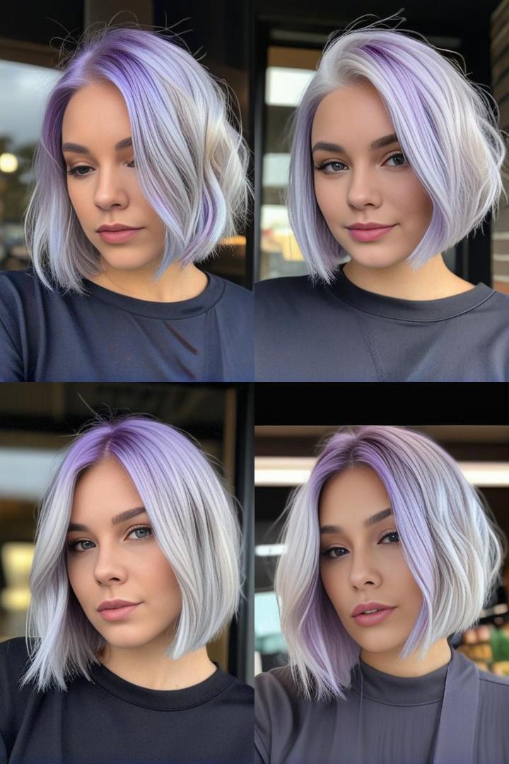 Silver Blonde Bob With Pastel Purple Highlights