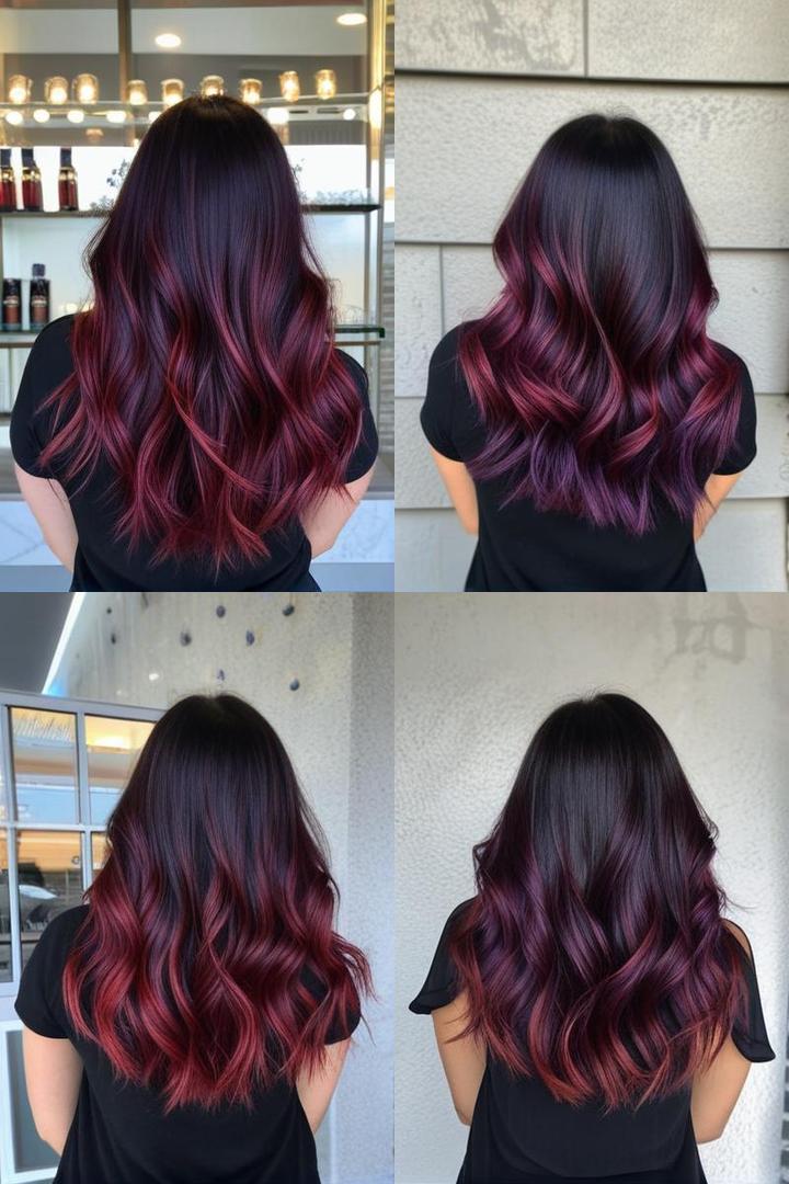 Red Balayage Highlights On Dark Purple Base