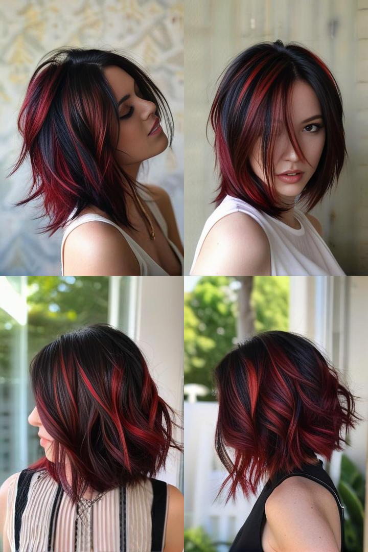 Bold Black Hair With Chunky Red Highlights