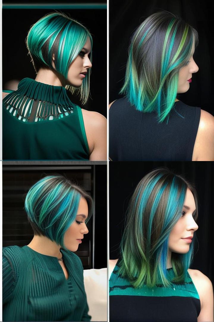 Aqua Blue And Green Peekaboo Highlights On A Line Bob