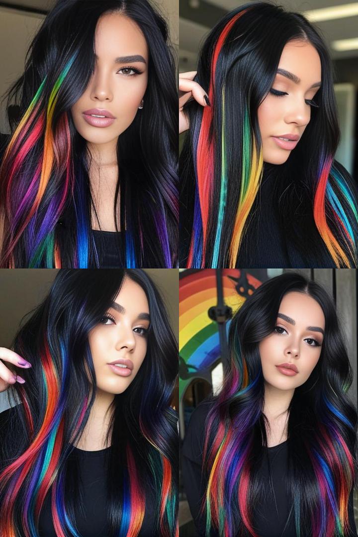 Jet Black Hair With Rainbow Peekaboo Strands