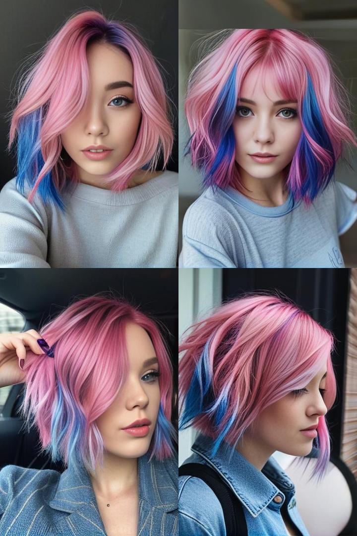 Pink Hair With Blue Peekaboo Highlights