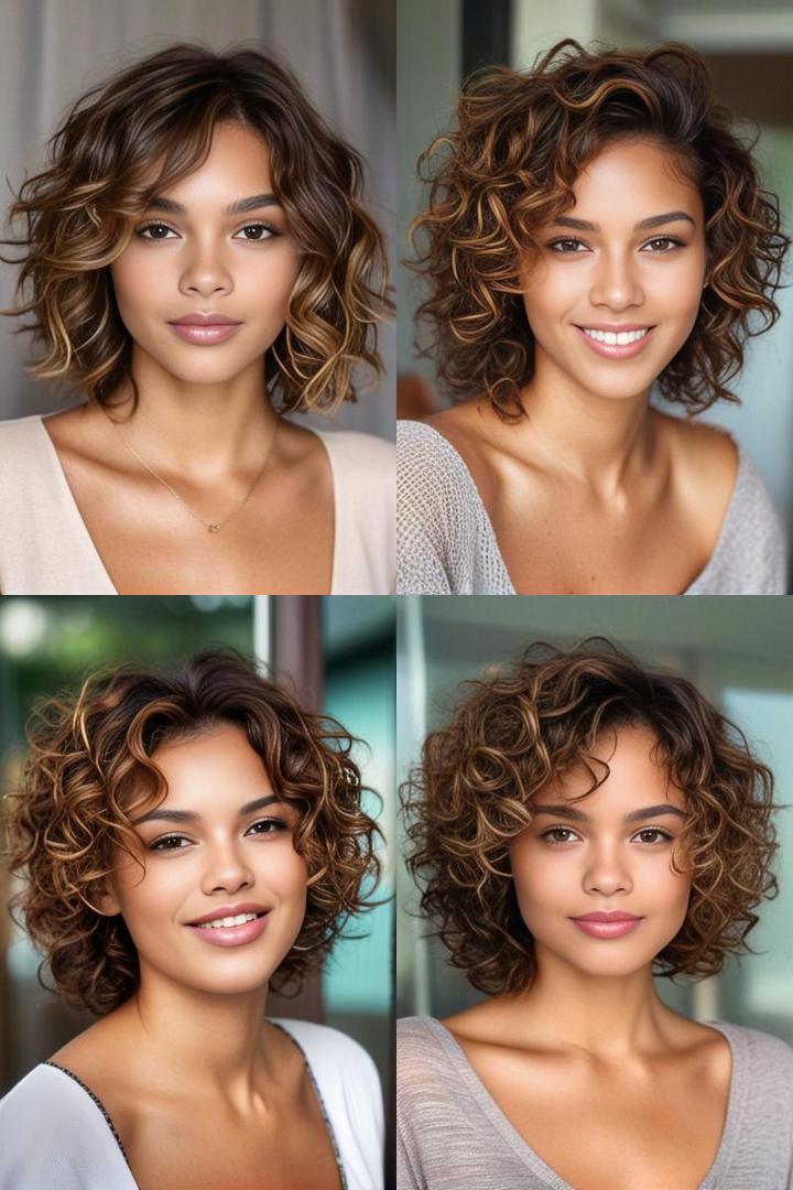 Caramel Highlights On Cropped Brown Curly Layers