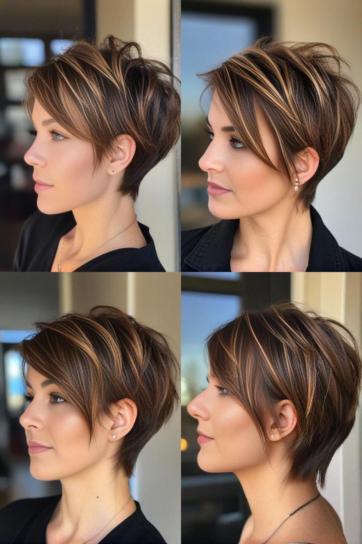 Chestnut Brown Pixie With Caramel Highlights