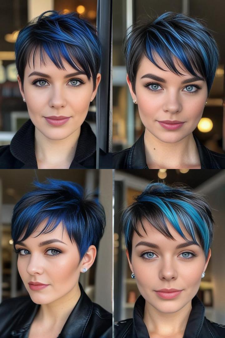 Short Pixie With Layered Bangs And Blue Highlights