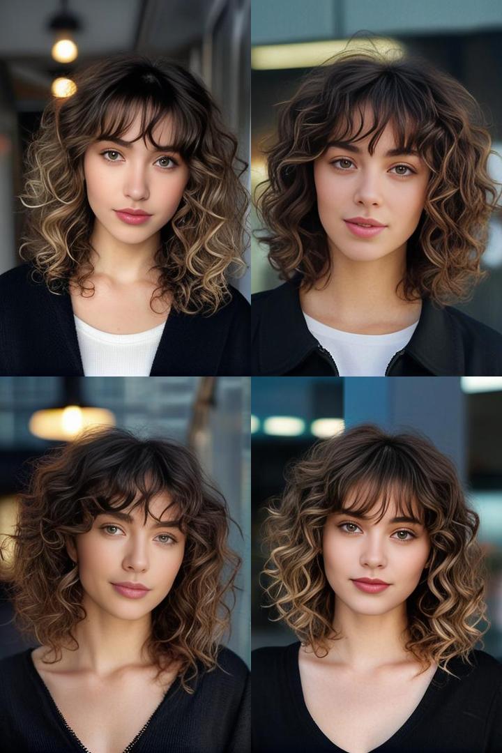 Curly Hair With Layered Bangs For Heart Shaped Face