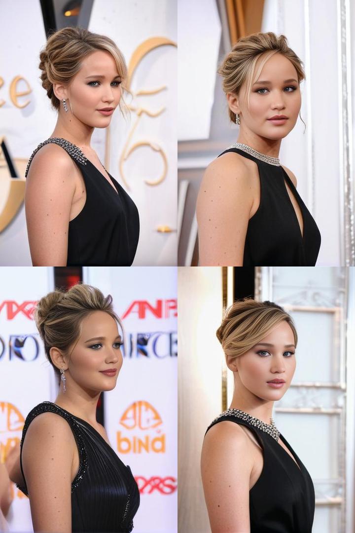 Chic Jennifer Lawrence Updo Hairstyle for Oval Face with Side Bangs