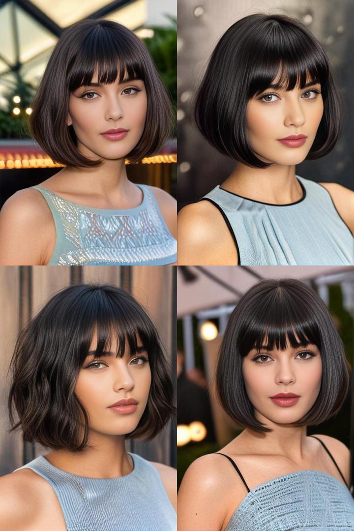 Chic Oval Face Bangs Sleek Wavy Bob with Blunt Bangs