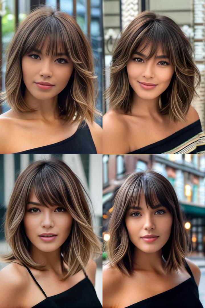 Chic Side Swept Layers with Subtle Highlights for Oval Face Shapes and Bangs