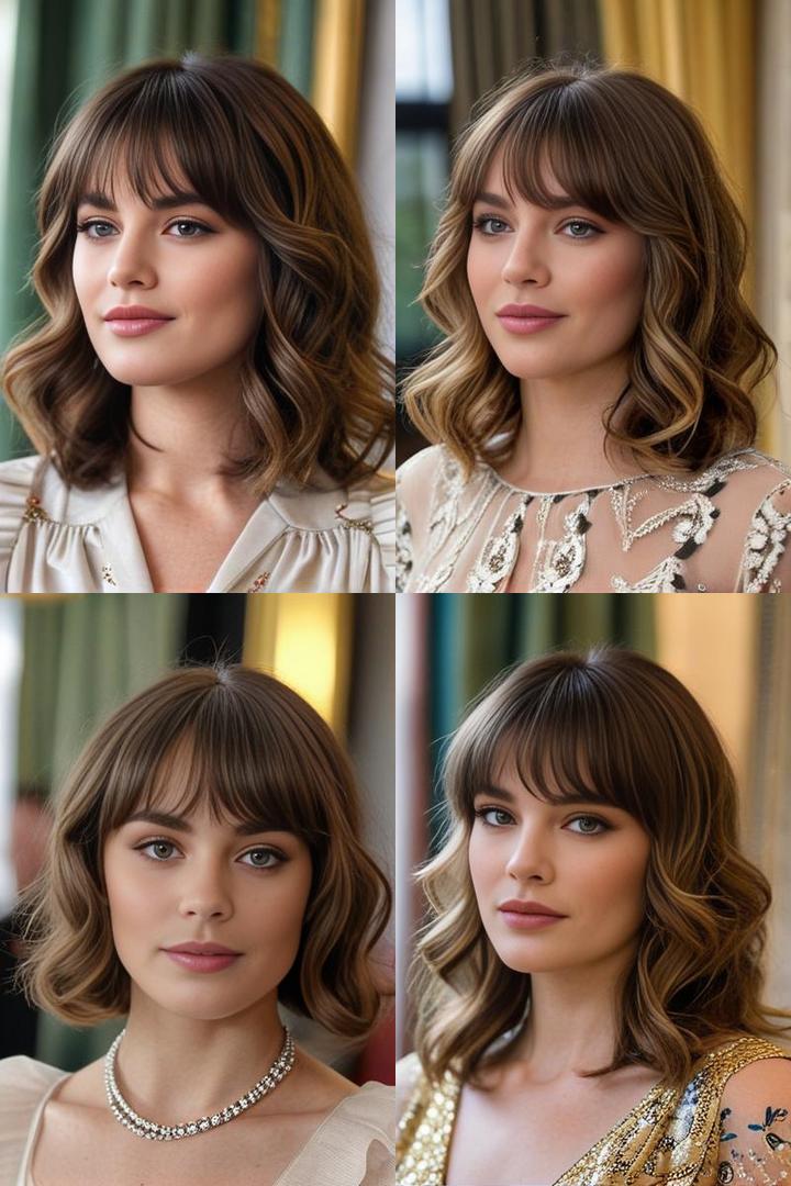 Elegant Soft Curls with Curtain Bangs for Oval Face Shapes