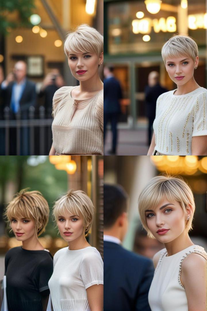 Stylish Blonde Pixie Hair with Bangs for Oval Face Shapes