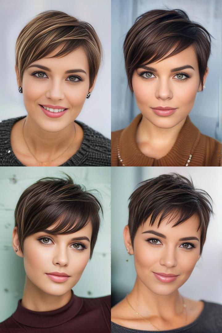 Stylish Pixie Cut with Side Swept Bangs for Oval Faces