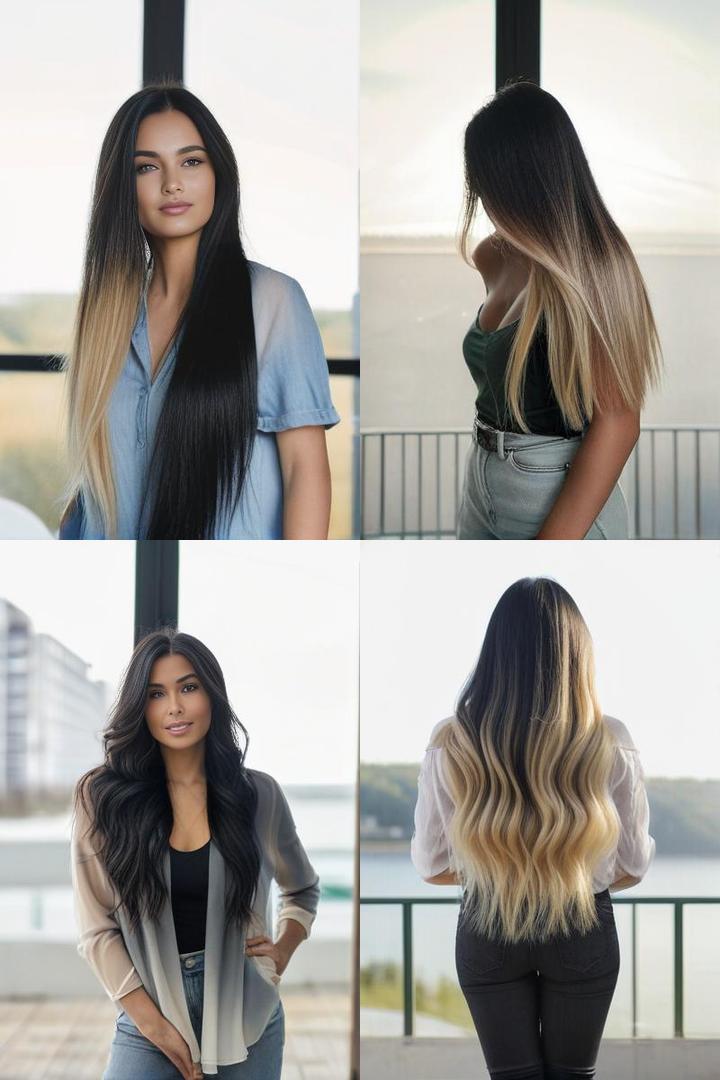 Long Blonde Foilayage Ombre on Casual Black Hair