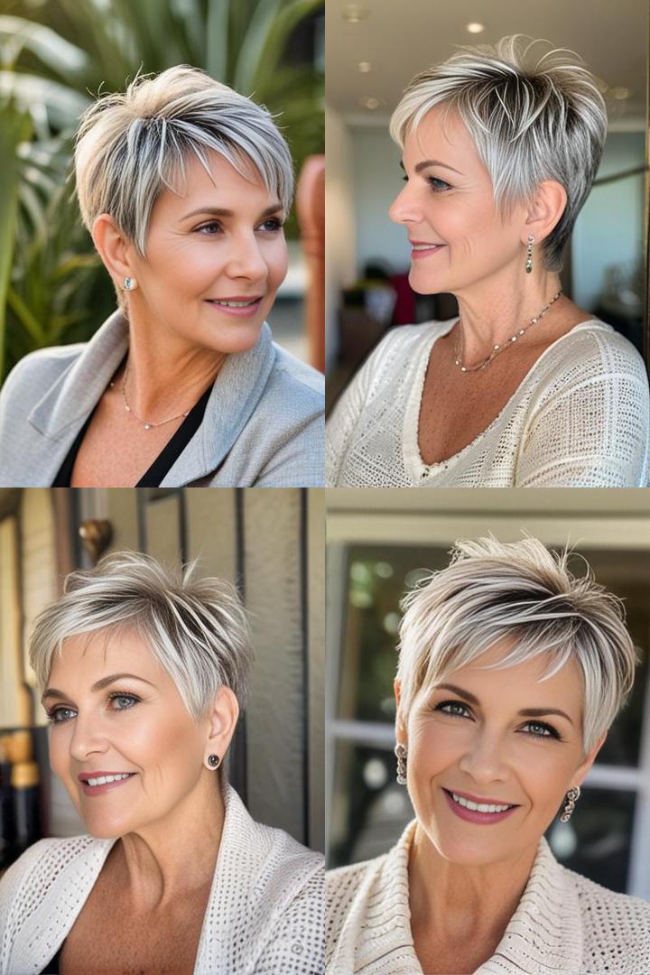 Feathered Bangs on Short Layered Pixie Hairstyle for Older Women