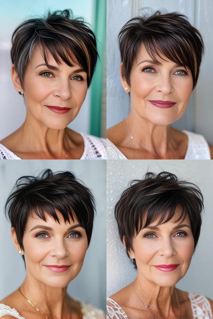 Textured Espresso Pixie Hairstyle for Older Women with Piecey Bangs