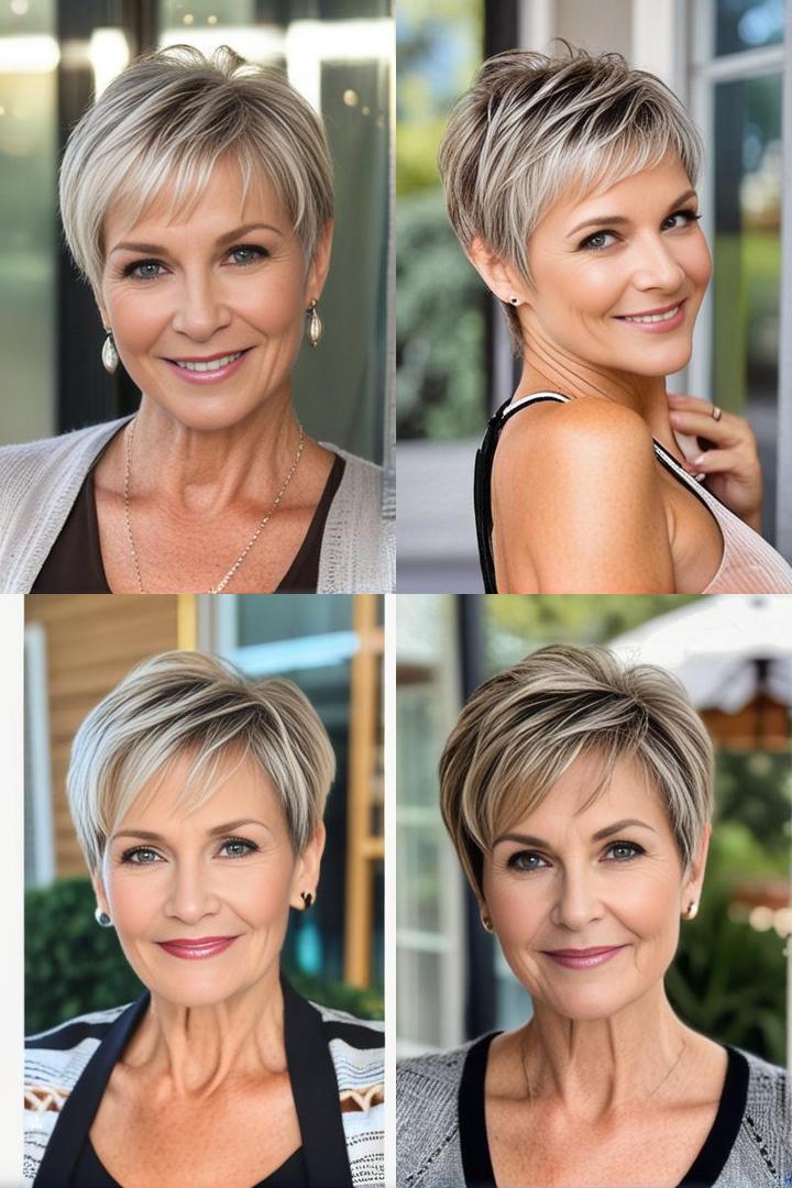 Wispy Pixie Hairstyle for Older Women with Side Swept Bangs