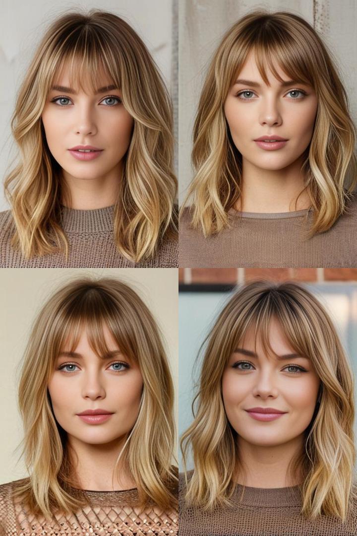 Medium Length Layered Haircuts with Bangs Honey Blonde Loose Waves