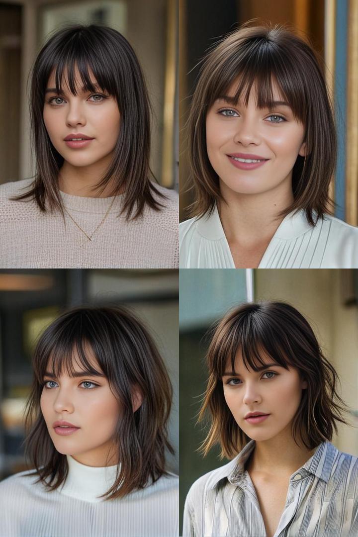 Medium Length Layered Haircuts with Bangs Soft Mullet Choppy Micro Bangs