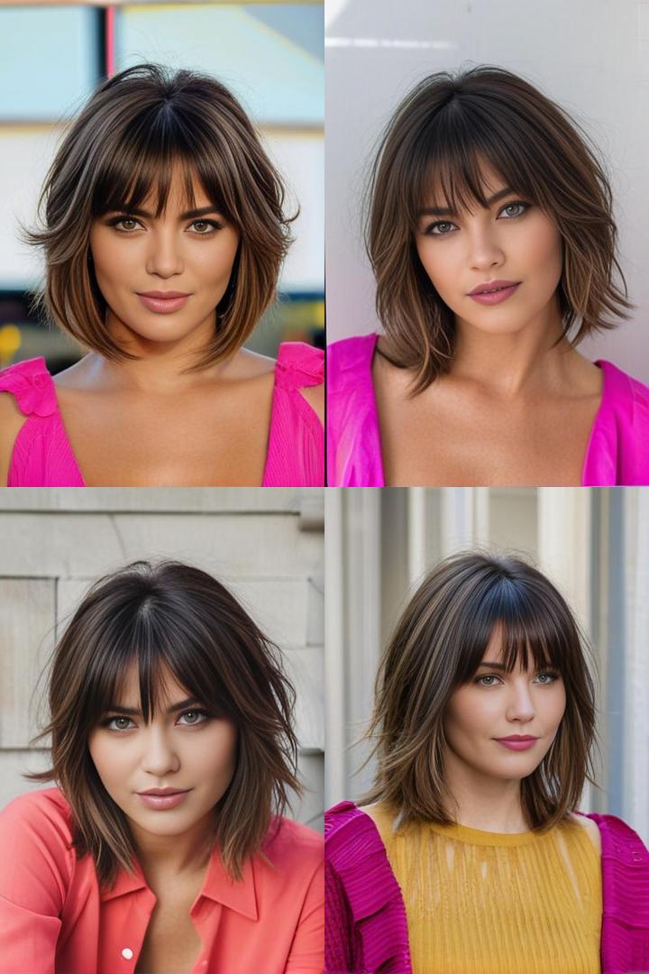 Medium Length Layered Haircuts with Bardot Bangs and Side Part